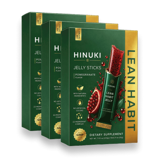 Hinuki 3パックセット — 緑色のLean Habitゼリースティックの箱が3つ