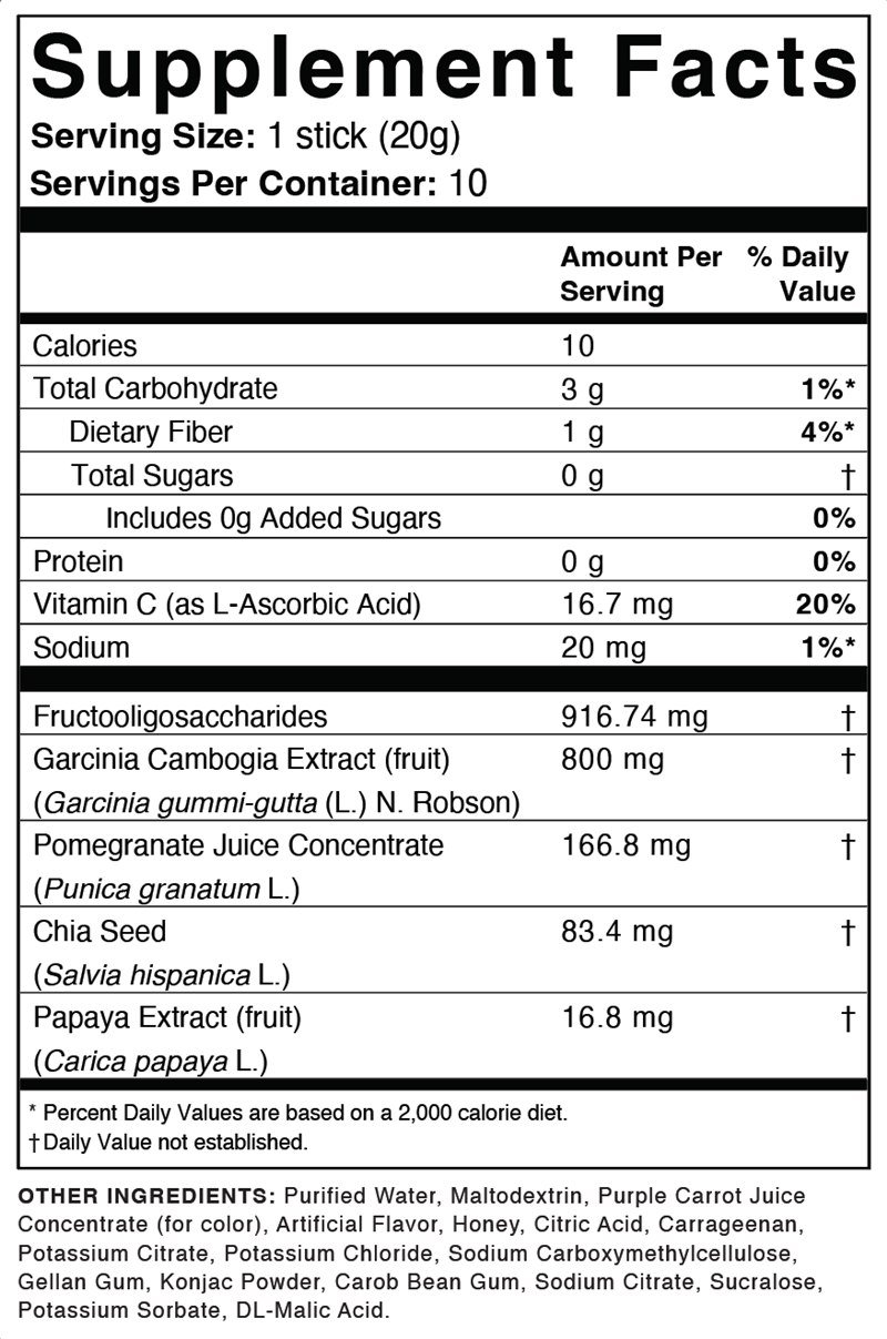 カロリー・食物繊維・成分を示すHinukiゼリースティックの栄養成分表示ラベル